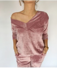 bluza welurowa dekolt V pudrowo różowa