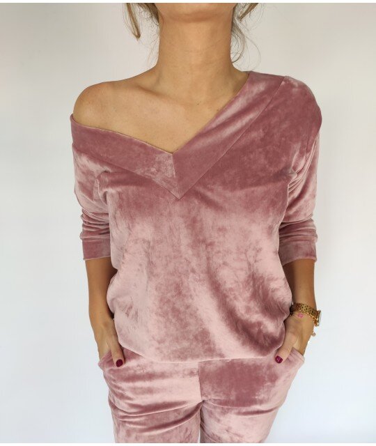 bluza welurowa dekolt V pudrowo różowa