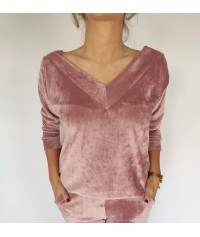 bluza welurowa dekolt V pudrowo różowa
