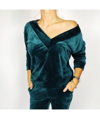bluza welurowa dekolt V butelkowa zieleń
